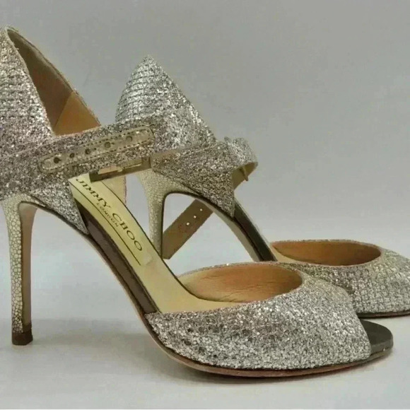 Jimmy Choo Gold Coarse Glitter Peep Toe Ankle Strap Sandals Size 35 1/2 - Picture 3 of 16
